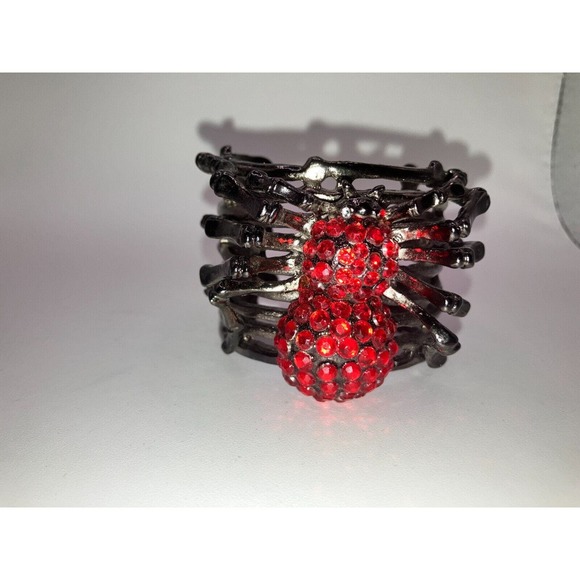 Red Rhinestone Spider Gun Metal Silver-Tone 2 3/8 Inch Wide Cuff Bracelet! - Picture 2 of 8